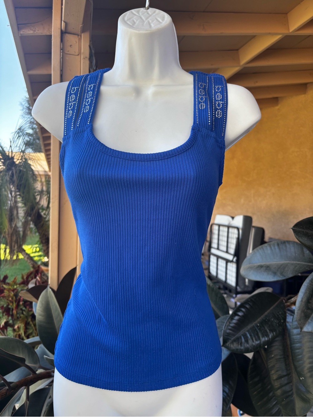 bebe Cobalt Blue Ribbed Tank with Studded Straps